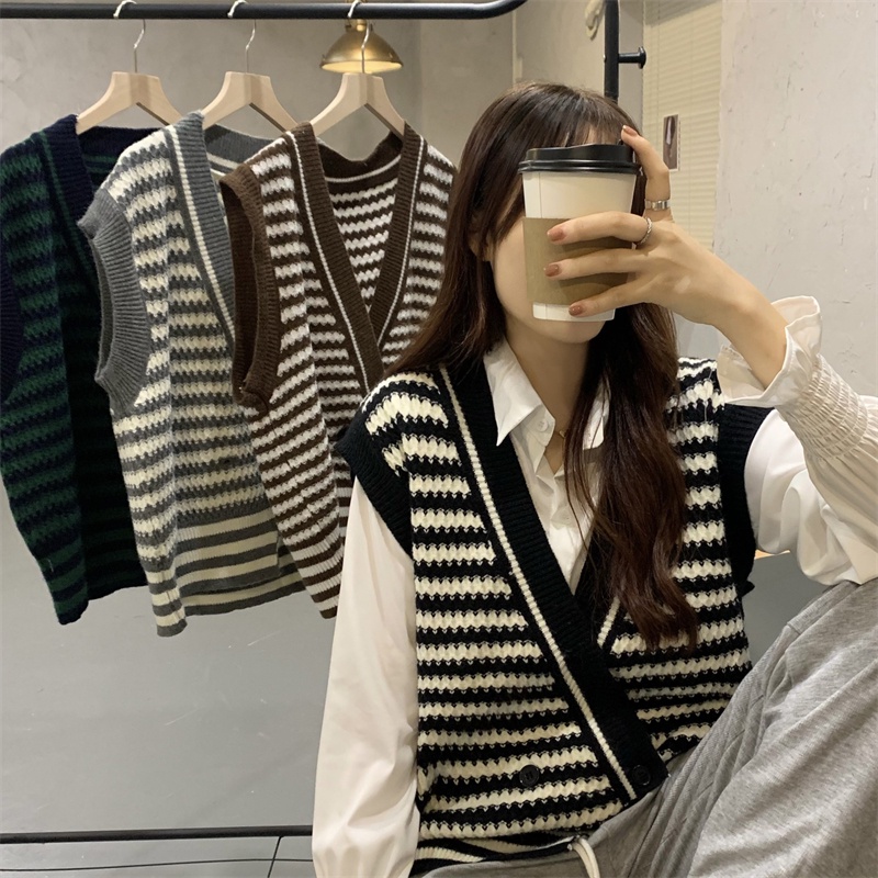 Áo Cardigan Dệt Kim Không Tay Hoạ Tiết Kẻ Sọc Phong Cách Retro