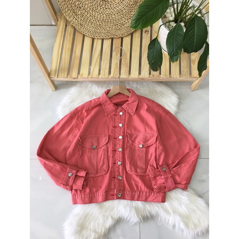 Áo denim jacket túi hộp tay bo mới nguyên