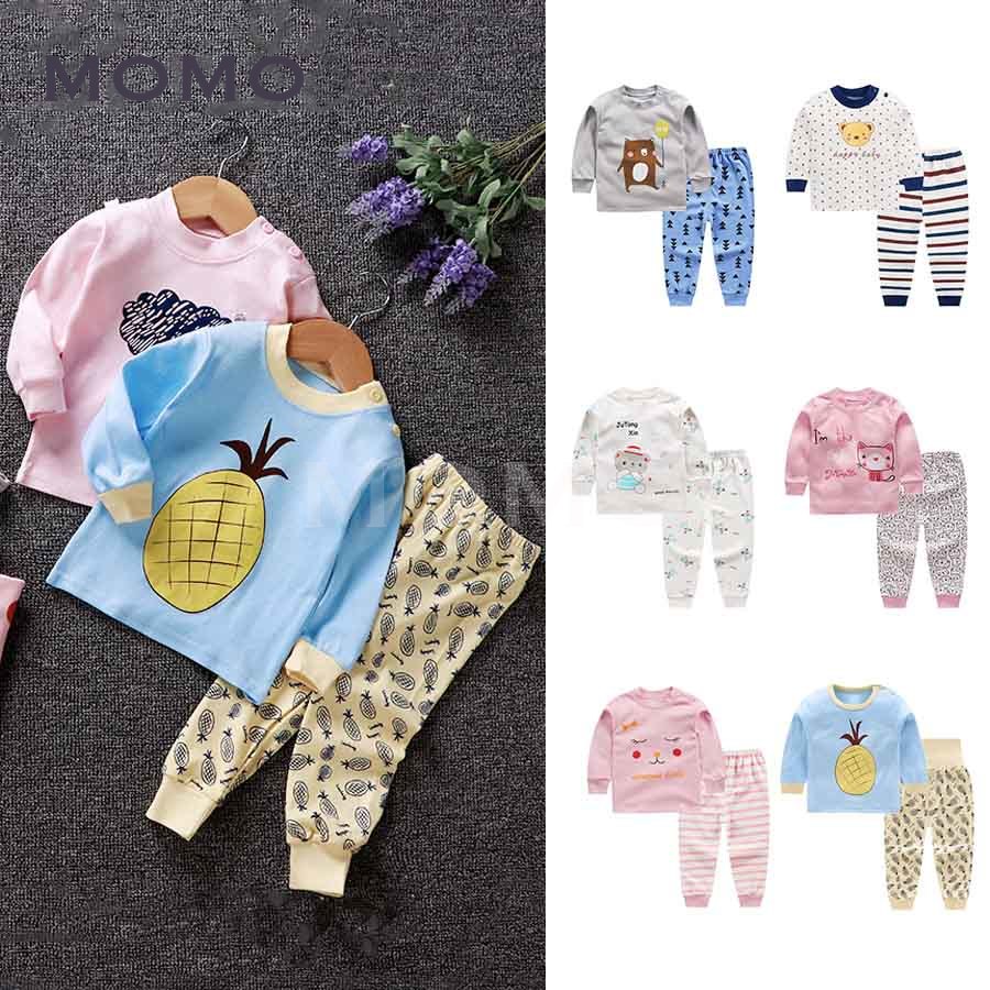 Set Pijama Áo Dài Tay + Quần Dài Cotton Họa Tiết Hoạt Hình Cho Bé 1-8 Tuổi