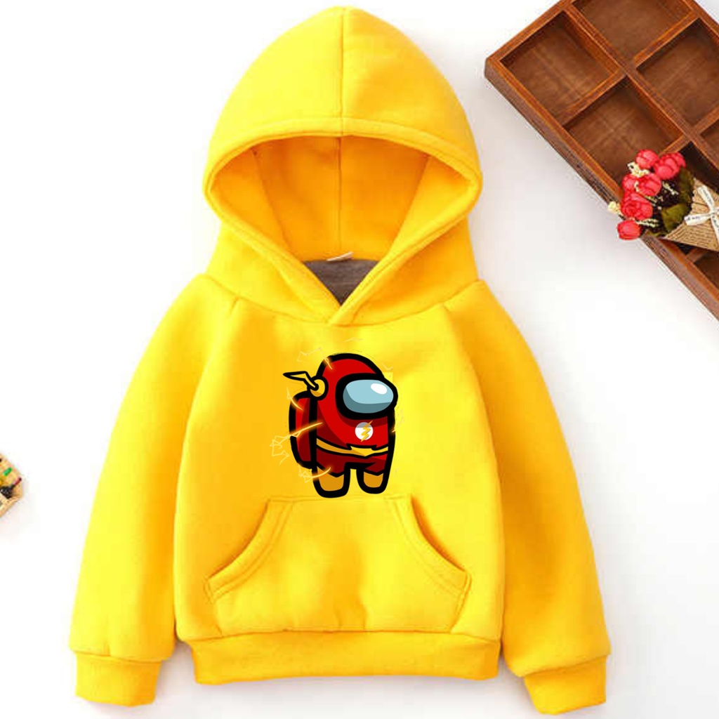 Áo hoodie nỉ màu vàng in hình Among us cho bé trai bé gái