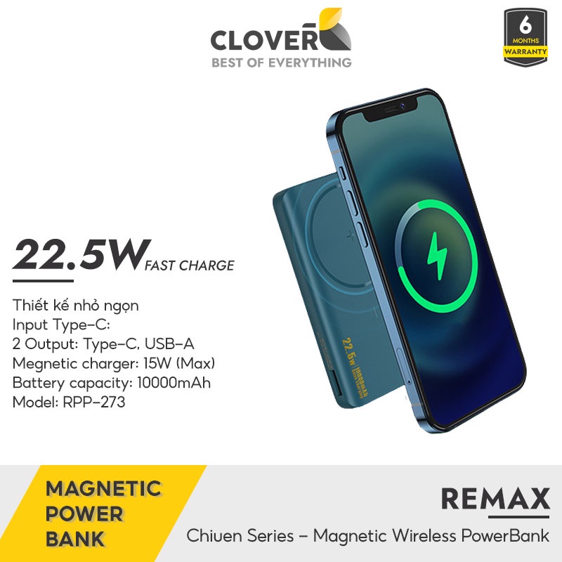 Pin Sạc Dự Phòng Không Dây Remax Chiuen Series 22.5w Magnetic Wireless Power Bank 10000mah Tích Hợp Giá Đỡ Điện Thoại