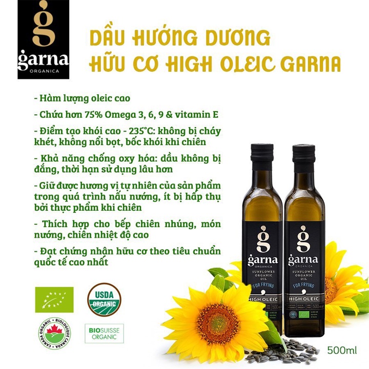 Dầu hướng dương hữu cơ High Oleic Garna 500ml - Organic Sunflower Oil