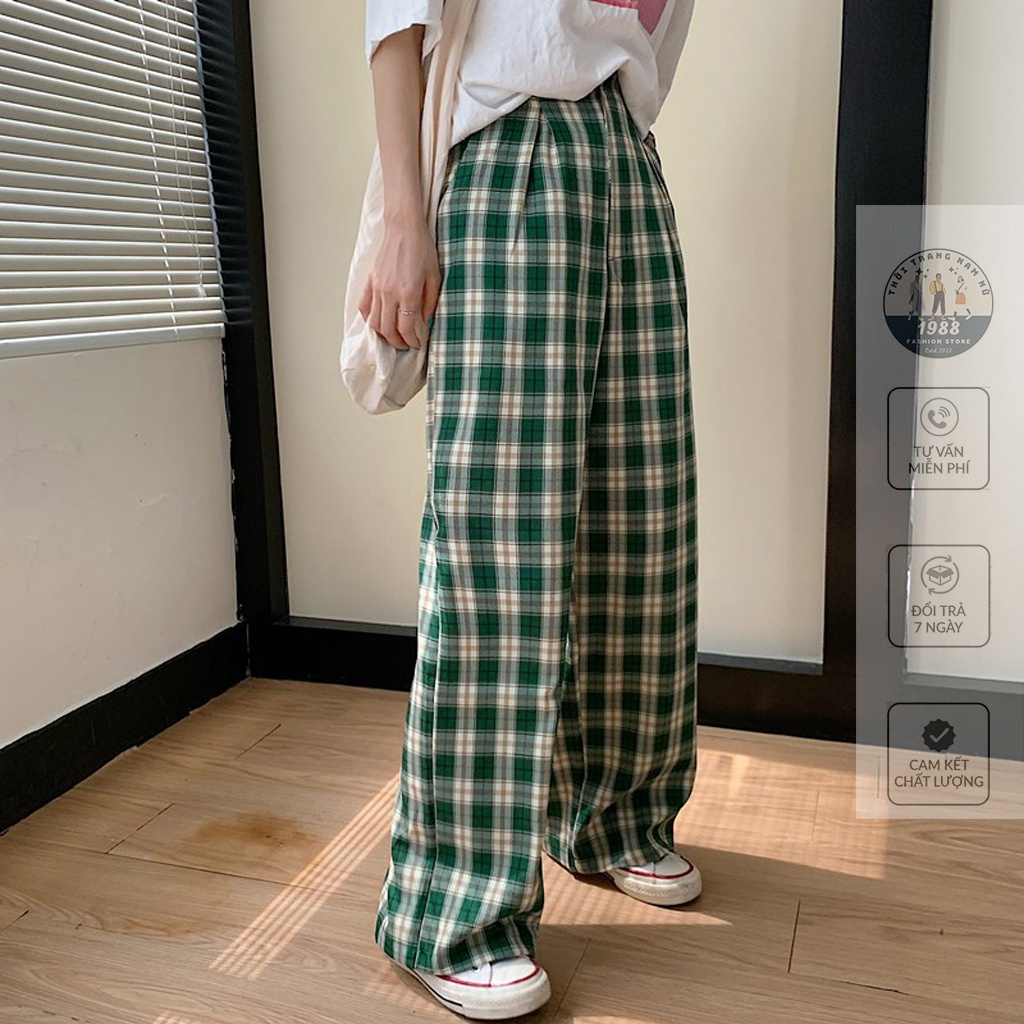 Quần Kẻ Caro Ống Rộng ❤ Quần Caro Nữ Cạp Chun Lưng Cao Dáng Suông