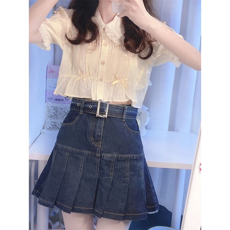 Jiashucheng Chân Váy Denim Chữ a Xếp Ly Lưng Cao Thời Trang Mùa Hè Cho Nữ