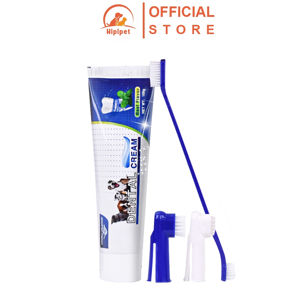 Bộ kem đánh răng cho chó ăn được Hipipet Delta Cream hương vị bò sạch răng niếu hơi thở thơm tho - 100gr
