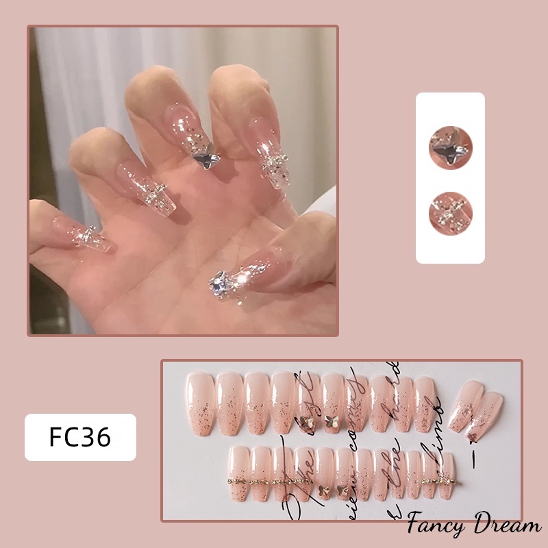 Set 24 Móng Tay Giả Dáng Dài Đính Bướm Thời Trang Sang Trọng Có Thể Tháo Rời