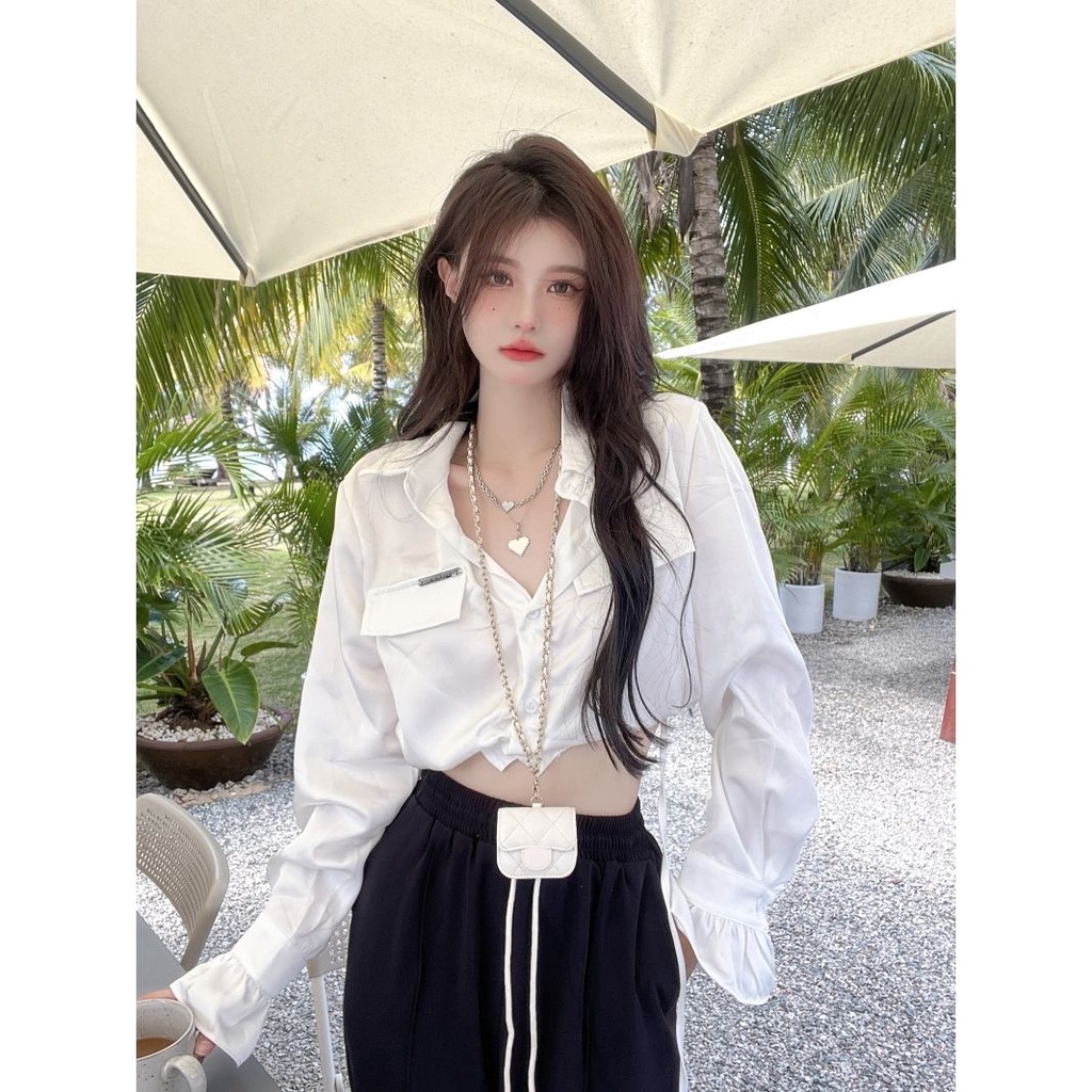 Áo Croptop Tay Dài Cổ POLO Dáng Ngắn Cột Dây Thời Trang Xuân Hè 2022 Cho Nữ