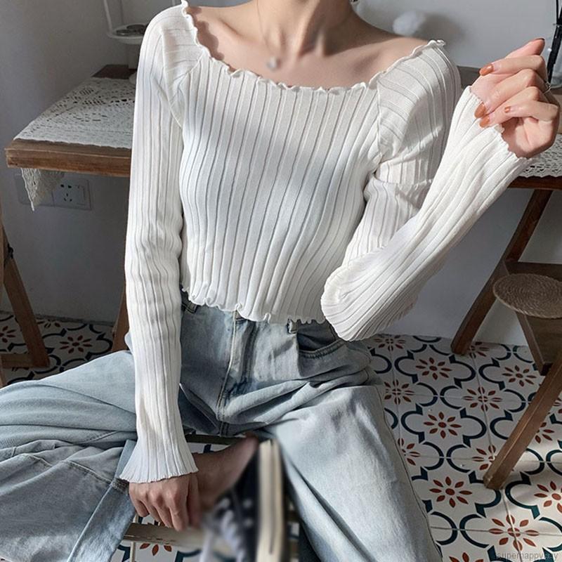 Áo sweater crop top tay dài cổ vuông kiểu dáng thời trang dành cho nữ