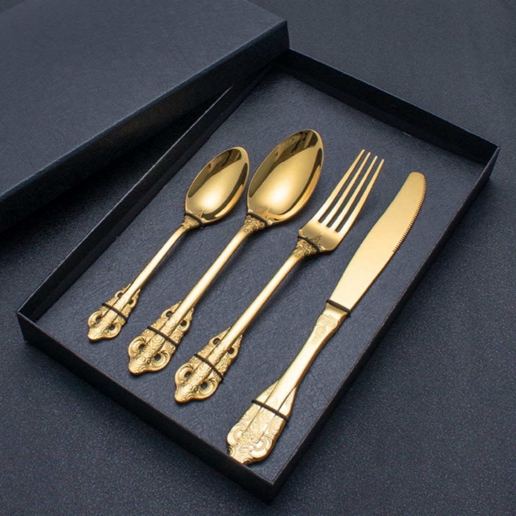 Bộ đồ ăn Hoàng Gia: Dao, Thìa, Dĩa, Kéo bằng thép không gỉ (304), màu vàng óng theo phong cách sang trọng và đẳng  cấp