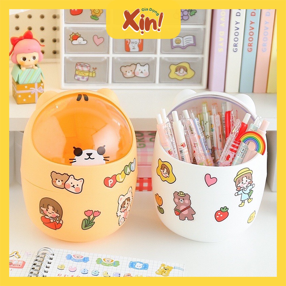 Thùng rác mini để bàn hình gấu, thùng rác nhựa có nắp đậy tiện lợi dùng cho văn phòng, tặng kèm sticker dễ thương