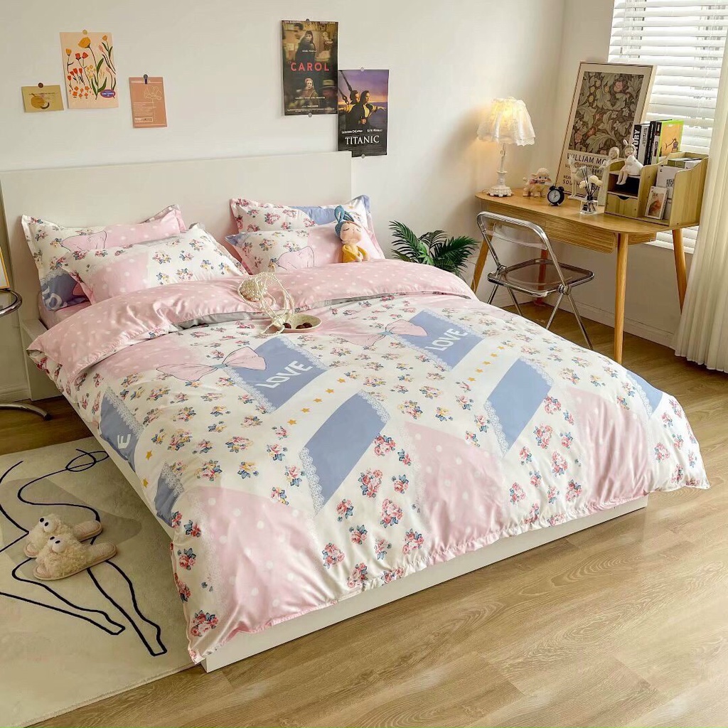 Bộ chăn ga gối Cotton Poly Decor bedding Cánh hồng, vỏ chăn mền, drap giường và 2 vỏ gối