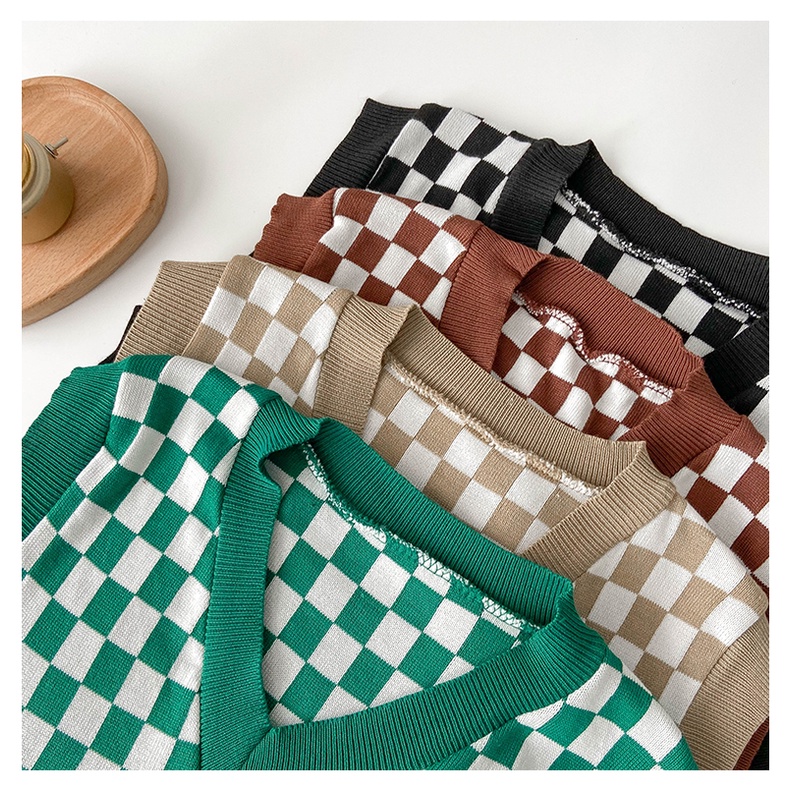 Áo len không tay cổ chữ v form rộng họa tiết sọc caro phong cách Hàn quốc