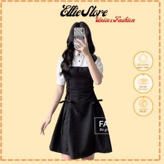 Váy cổ trắng đan eo chất đũi lụa có ảnh thật kèm video ellie store_mã 010