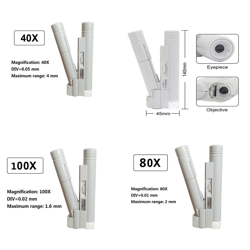 Kính hiển vi bỏ túi nhỏ gọn phóng đại gấp 40 / 80 / 100 lần có đèn led tiện lợi