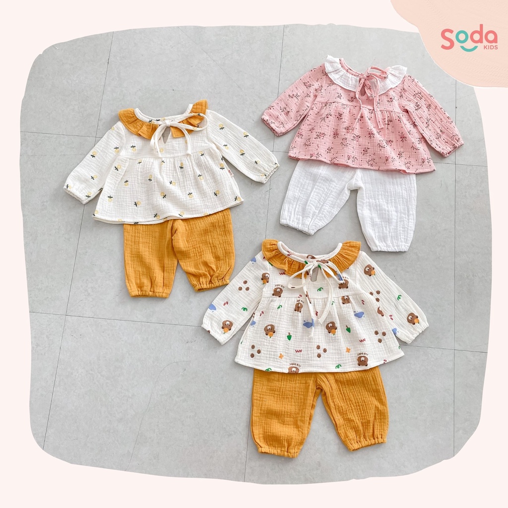 Pijama bé gái SODA KIDS Minnie chất liệu xô Muslin cổ bèo
