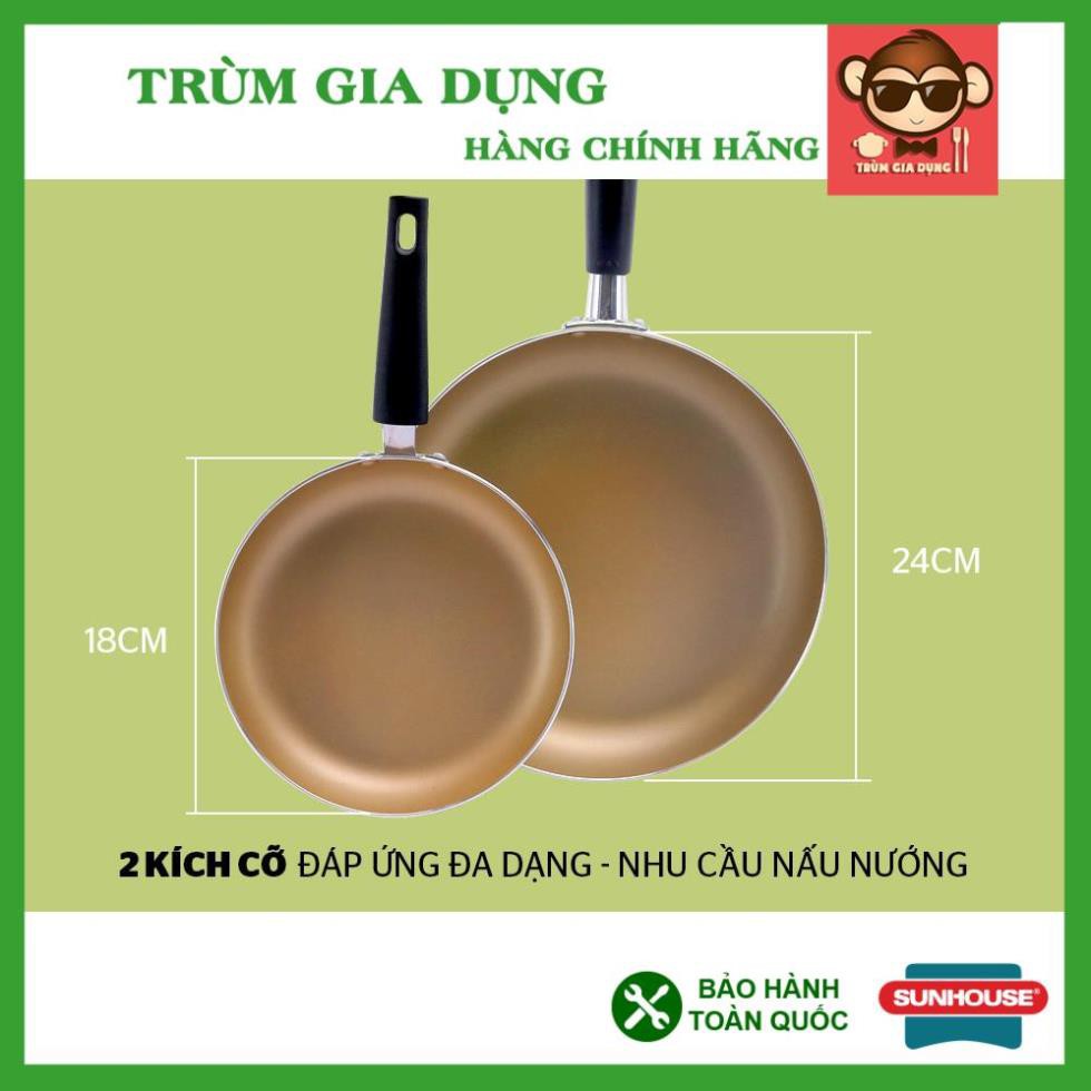 Cặp chảo nhôm trơn cạn SUNHOUSE Phi 18 + 24 (Xanh - Sampanh), chảo chống dính SHS2418