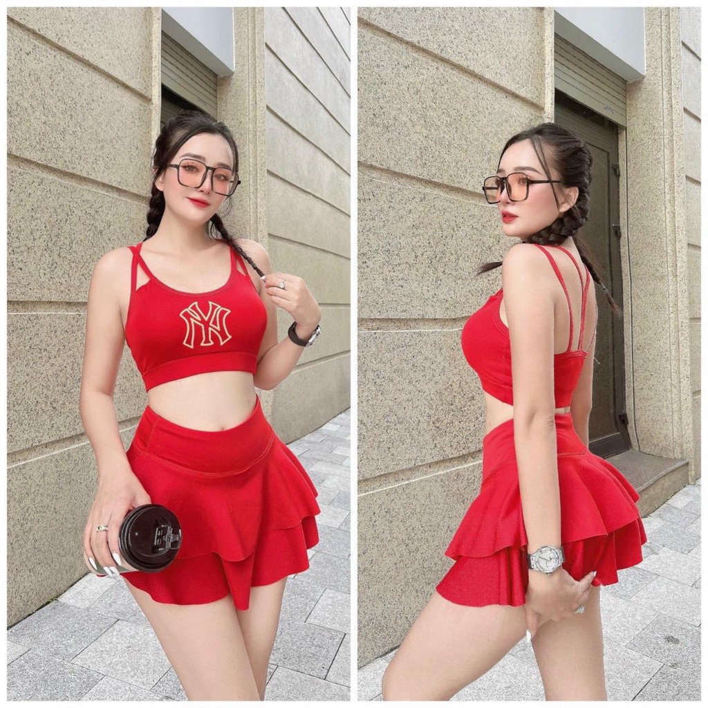 Đồ tập gym nữ, set tập NY áo bra chân váy 2 tầng nhảy aerobic, yoga, khiêu vũ,biểu diễn, đi bơi,đi biển nữ