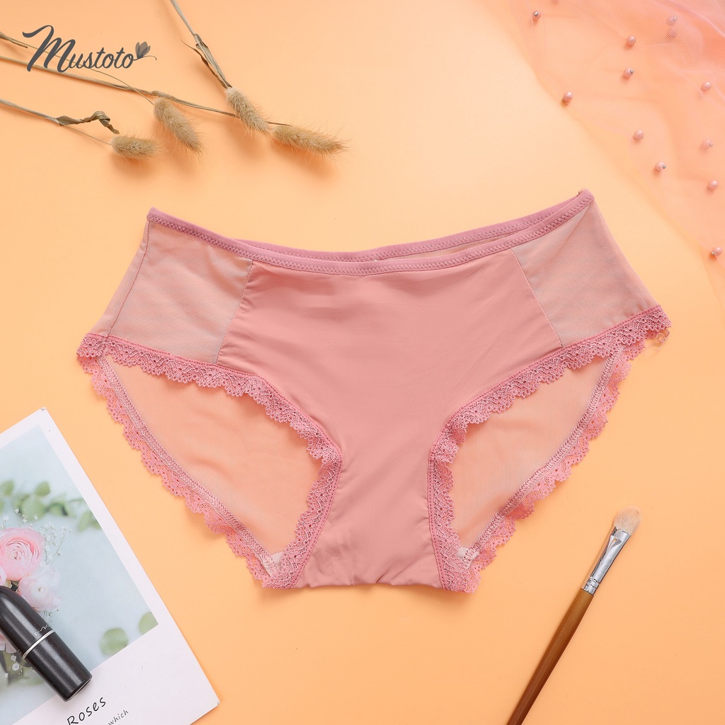 Bộ Đồ Lót Nữ Trơn Phối Lưới Không Gọng Mút Dày 3cm Nâng Ngực Màu Hồng Cam (Mustoto MA42 MQ04)