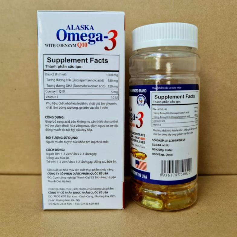 Dầu cá Alaska omega 3 with coenzym Q10 hộp màu trắng gia đình Hộp 100 viên