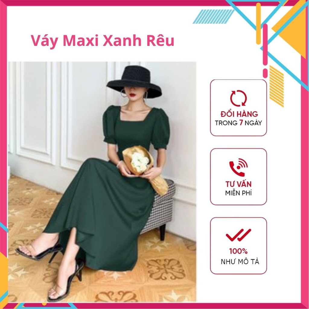Váy Maxi Đi Biển Xòe Dài Cổ Vuông Tay Phồng Xanh Rêu - Đầm Maxi Du Lịch - Maxi Dress Dạ Hội Siêu Đẹp Siêu Sang | BigBuy360 - bigbuy360.vn