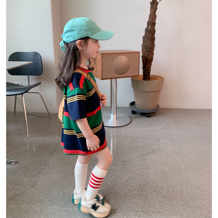 Áo Thun Cotton Dáng Dài Họa Tiết Kẻ Sọc Màu Sắc Tương Phản Phong Cách Hàn Quốc Thời Trang Mùa Hè Cho Nữ