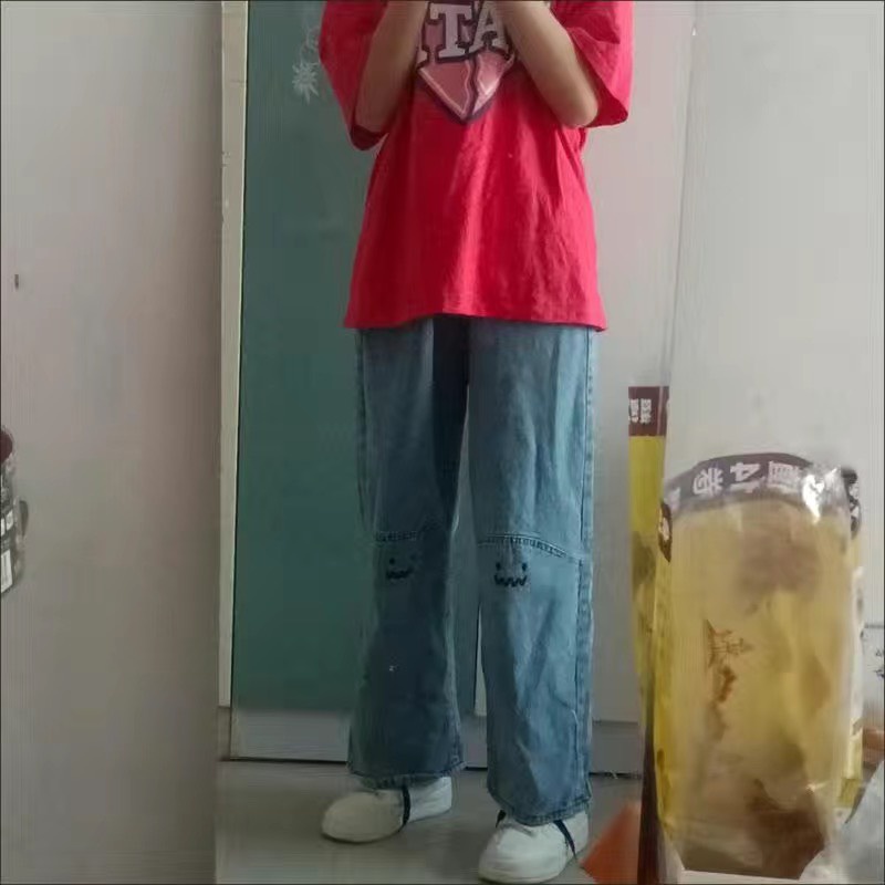 Quần jeans ống suông in hình mặt cười đơn giản cá tính Bigsize đến 100kg
