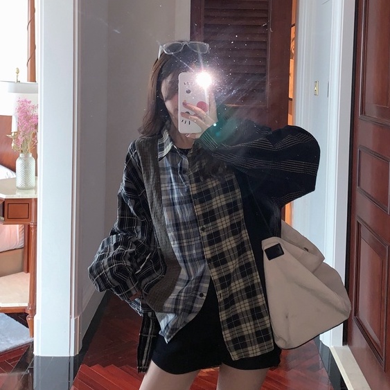 Áo Sơ Mi Tay Dài Dáng Rộng Họa Tiết Kẻ Sọc Theo Phong Cách Retro Mỹ Dễ Phối