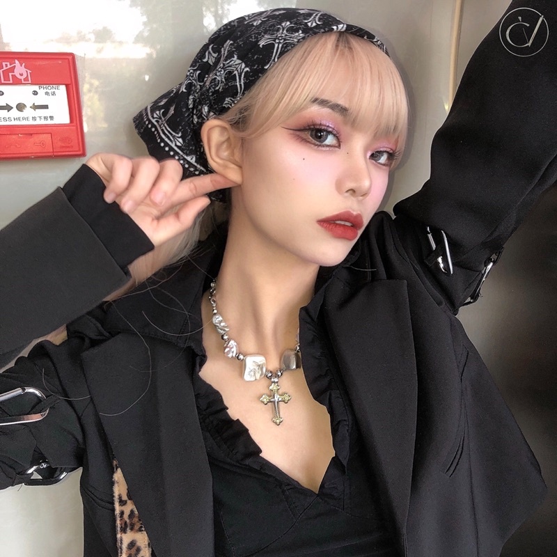 Dây Chuyền Ngọc Kết Hợp Mặt Chữ Thập Thép Titan Không Gỉ Cá Tính Hiphop - Vòng Cổ Thánh Giá Unisex Phong Cách Mới