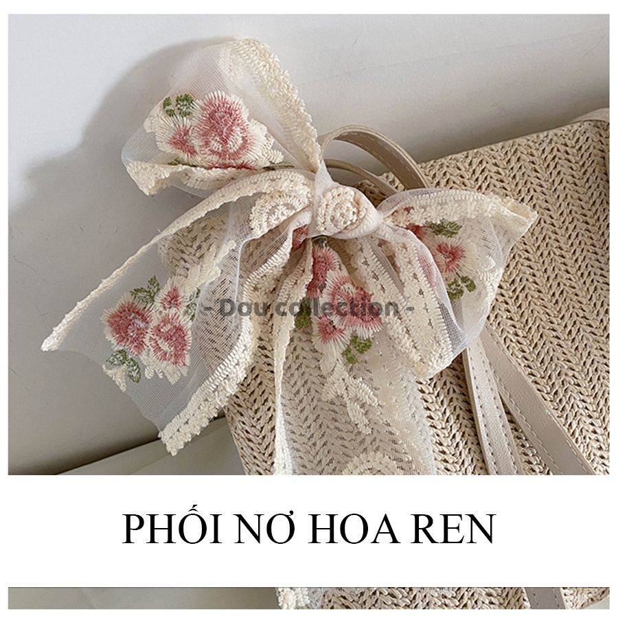 [NowShip2h] Túi Cói Kẹp Nách (Túi Xách Đeo Vai) Phối Dây Da &amp; Nơ Ren Hoa Thời Trang Đi Biển - Mã XT054