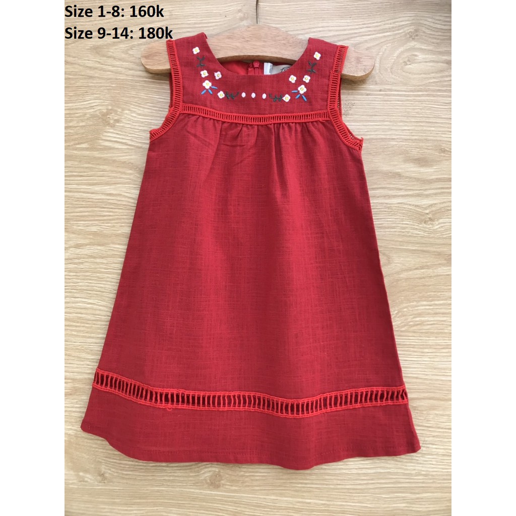 (Size 1-8) Đầm suông Linen thêu hoa bé gái cộc tay (Màu ĐỎ)