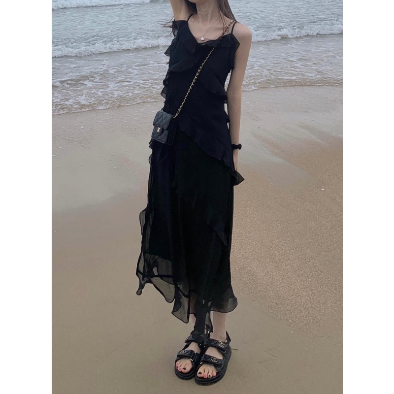 Đầm Lửng Hai Dây Mỏng Màu Đen Thời Trang Mùa Hè 2022 Dành Cho Bạn Nữ