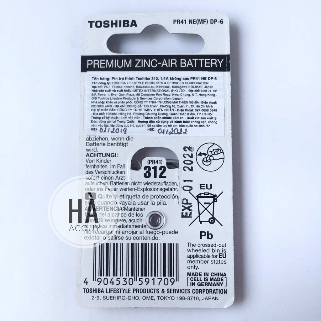 6 Viên Pin trợ thính Toshiba size 312, PR41, 1.4V - Chính hãng