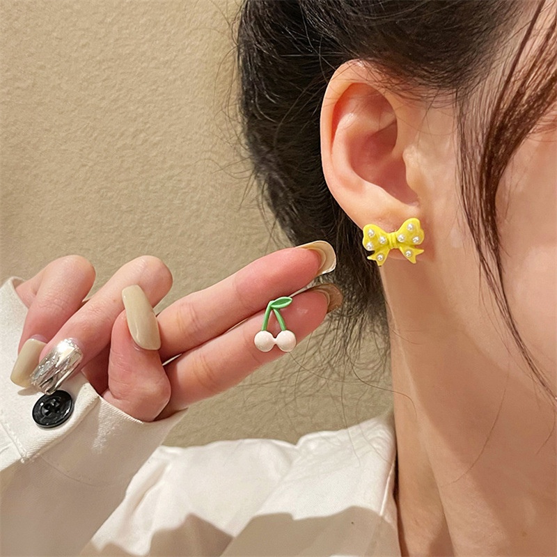 Bông Tai Mạ Bạc 925 Hình Nơ/Quả Cherry Nhỏ Xinh Phong Cách Mới Thời Trang F675