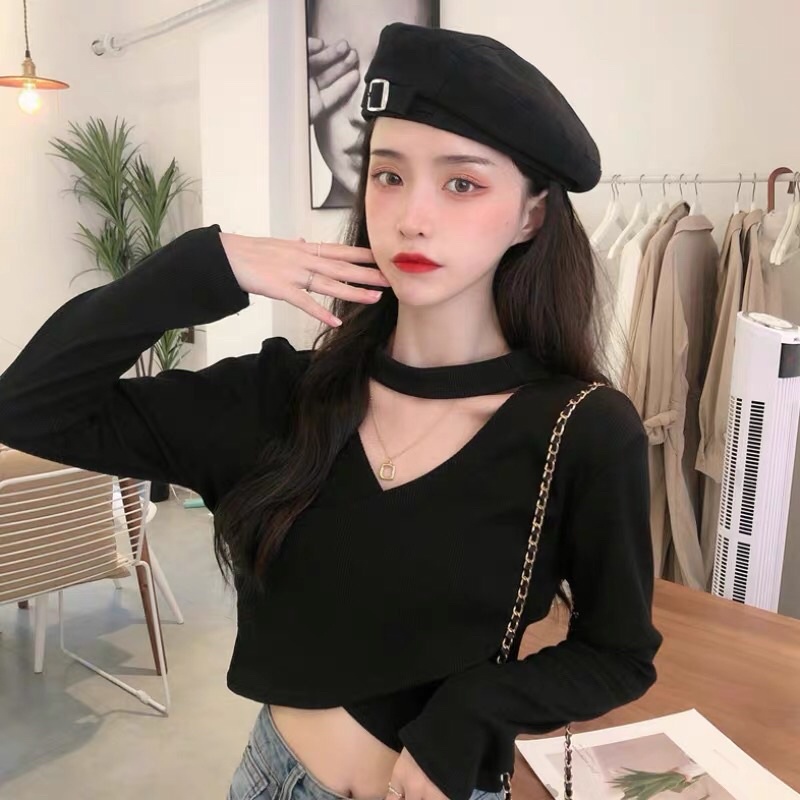 Áo kiểu croptop tay dài cổ lọ phối đan chéo cá tính gợi cảm cho nữ