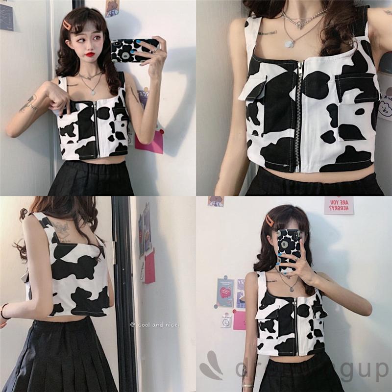 Áo Croptop Sát Nách Dáng Rộng In Họa Tiết Bò Sữa Phối Khóa Kéo Cá Tính Cho Nữ | BigBuy360 - bigbuy360.vn