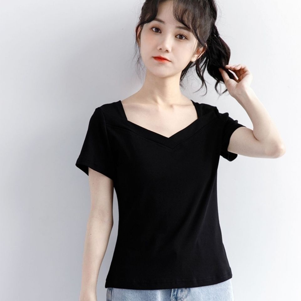 Áo thun tay ngắn cổ vuông màu trơn phong cách Hàn Quốc thời trang cho nữ 2021
