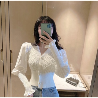 Áo len mỏng cổ v dài tay cách điệu