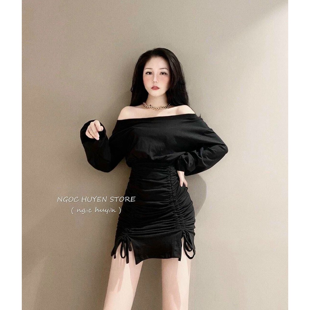 Váy body tay dài🌸FREESHIP🌸 Đầm nữ body màu đen nhún 2 bên hông vải thun co giãn mặc thoải mái | BigBuy360 - bigbuy360.vn