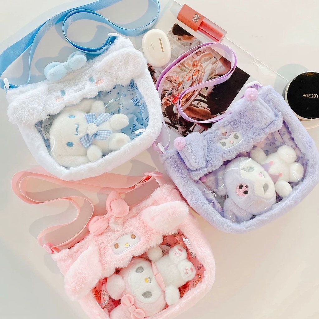 Túi đeo vai vải lông mềm mại thiết kế nhân vật hoạt hình Cinnamoroll Kuromi My Melody đáng yêu làm quà tặng cho bé gái