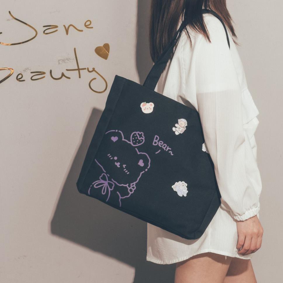 Túi tote vải canvas ulzzang unisex in hình gấu Bear dễ thương, phong cách hàn quốc