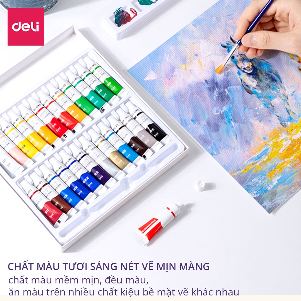 Màu acrylic dạng tuýp 5ml chuyên nghiệp Deli - dùng để vẽ vải / giày / tường - 12/18/24 màu - 73913 73914 73915