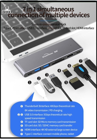 Bộ Chuyển Đổi 7 Trong 1 Với 3 Cổng Usb 3.0 Type-C Hub Tf Sd Pd Cho Macbook Pro Air (Nuuo)