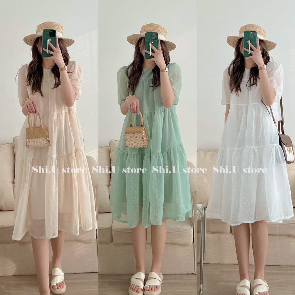 Váy babydoll cộc tay chấm bi hạt nổi dáng dài 2 lớp voan tơ bồng bềnh đầm xòe tầng ulzzang 3 màu