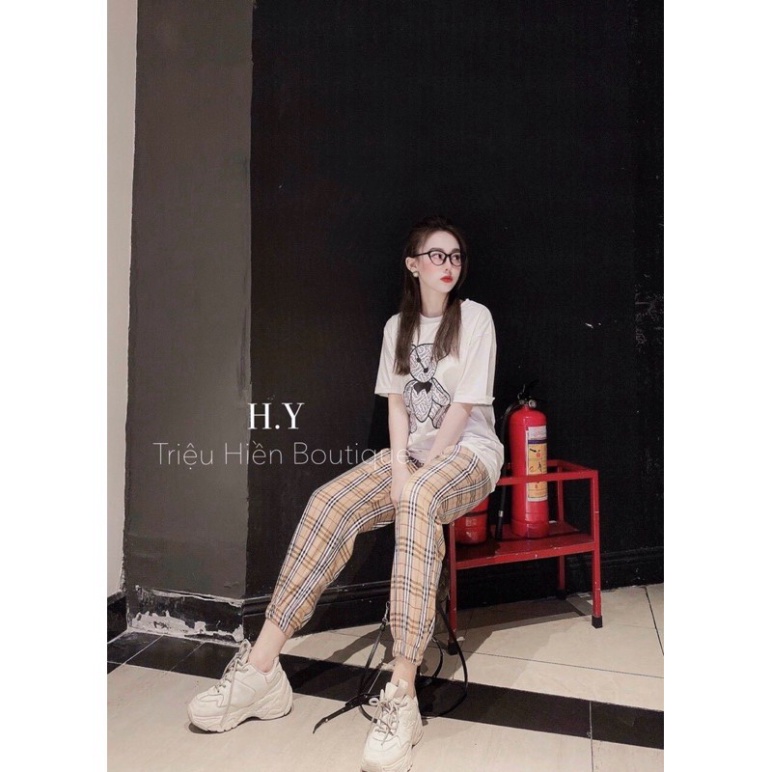 Sét Bộ Thể Thao Quần Kẻ Áo Phông Gấu