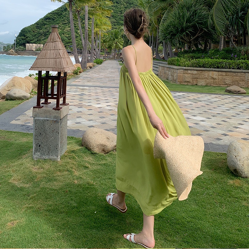 Váy đi biển, maxi đi biển, kiểu váy babydoll 2 dây nữ dáng dài hở lưng chun ngực siêu xinh mặc ở nhà, đi chơi, VAY004