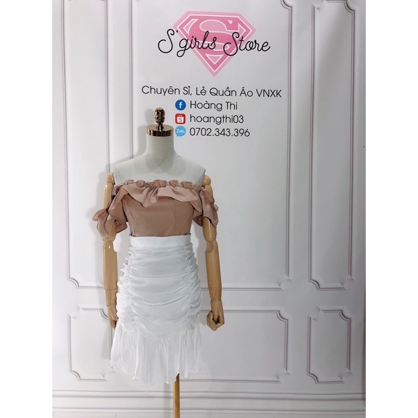 (Hình + video thật shop chụp) Set áo bèo trễ vai nude + chân váy nhún đuôi cá trắng