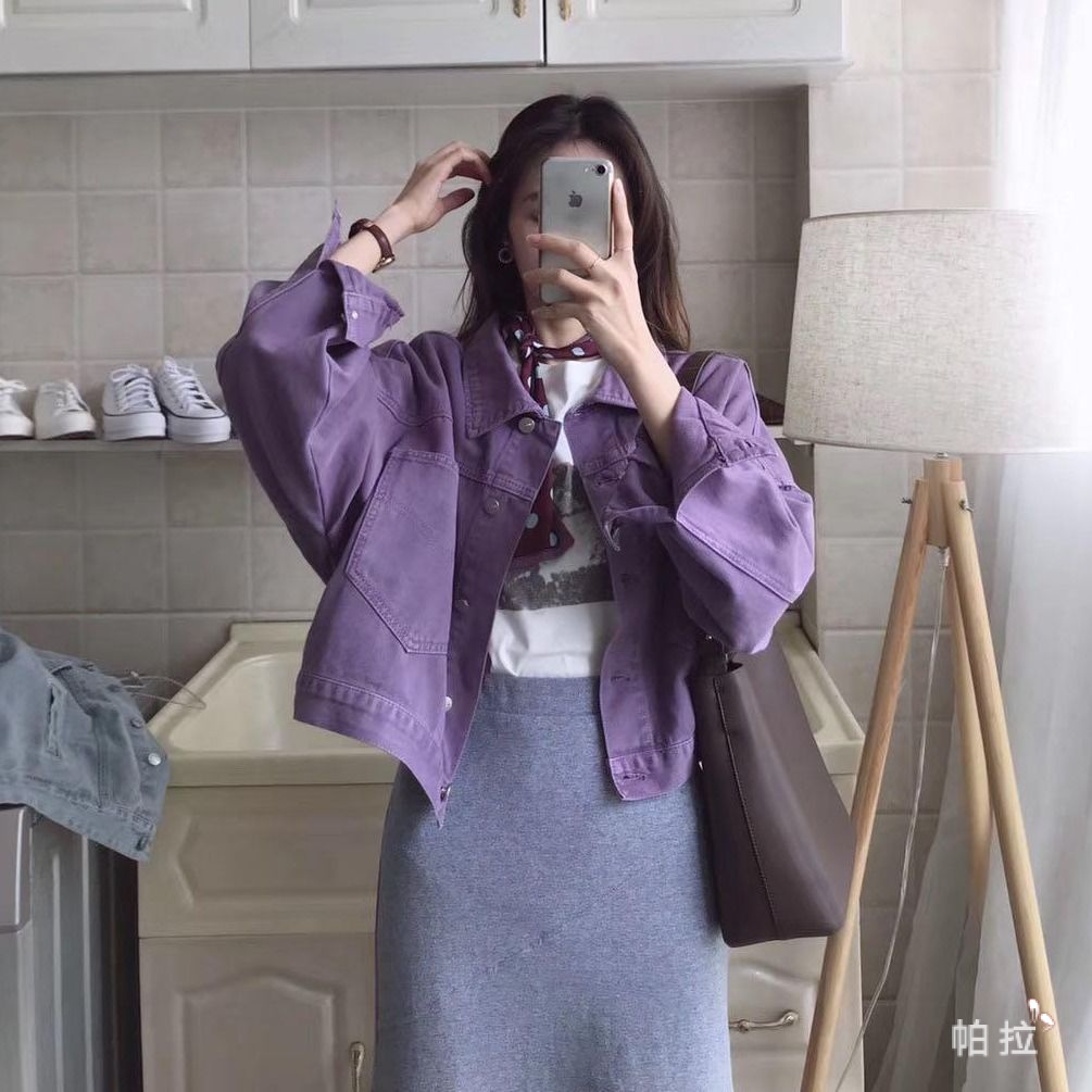 Áo khoác denim dáng ngắn rộng màu tím phong cách hàn quốc cho nữ