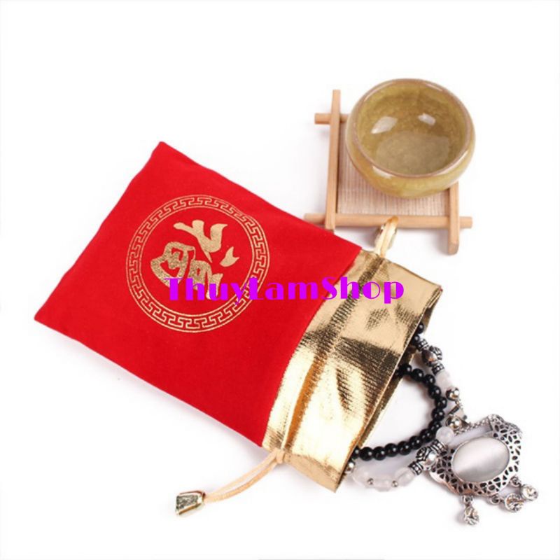 Túi nhung đỏ dây rút in chữ PHÚC đựng đồ, đựng trang sức, quà tặng