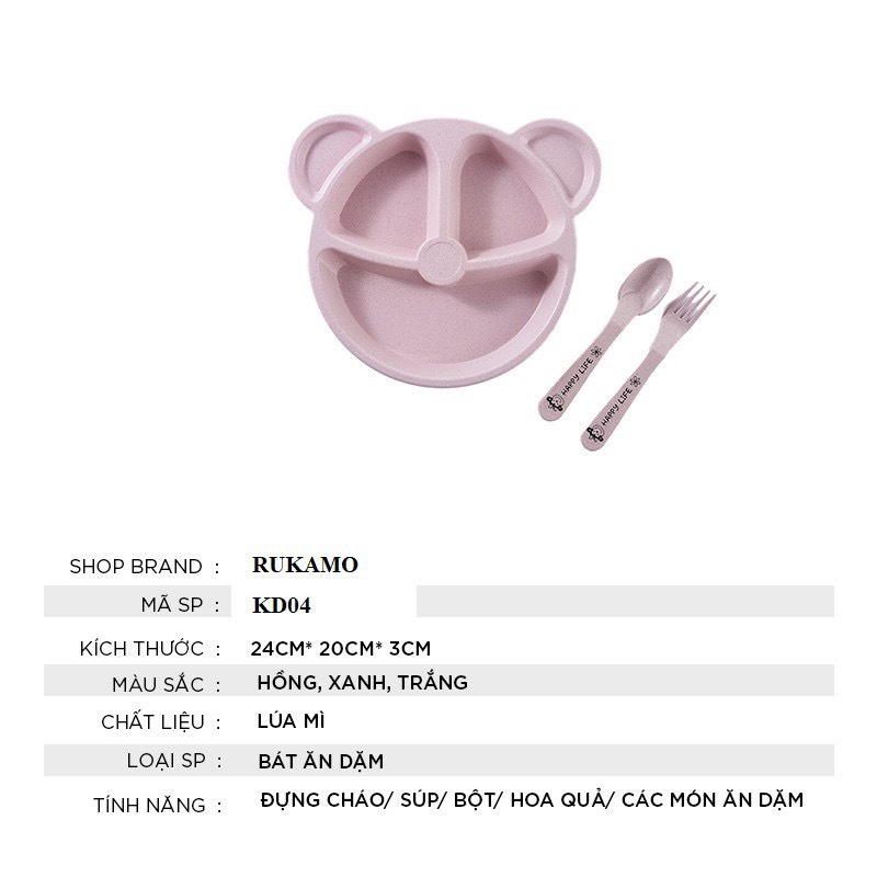 Khay ăn dặm, Khay gấu kèm thìa và dĩa, chất liệu lúa mạch an toàn cho bé