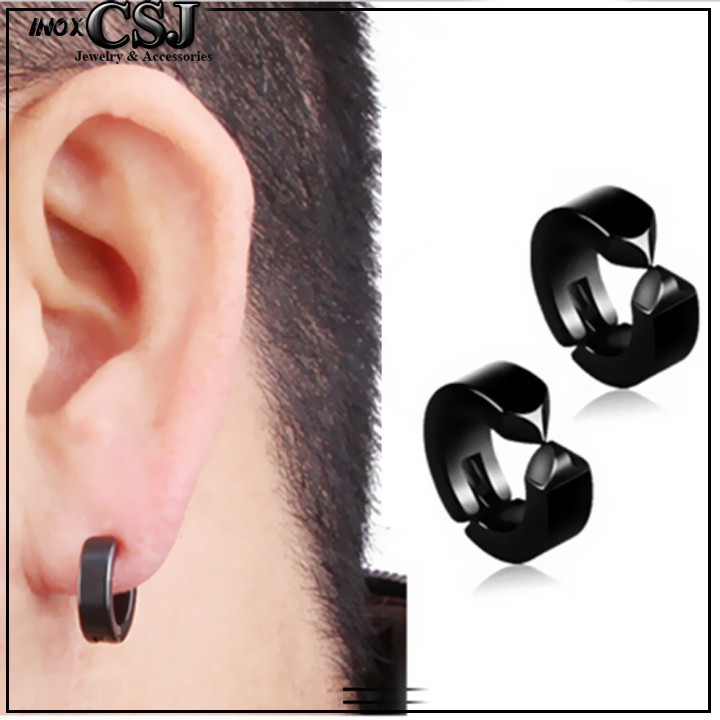 BÔNG TAI NAM KẸP KHOEN TRÒN INOX MÀU ĐEN mã TU230